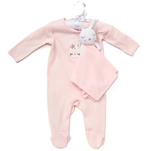 Baby Bunny Crochet Applique All In One & Comforter Set On A Satin Padded Hanger (0-12 Months)