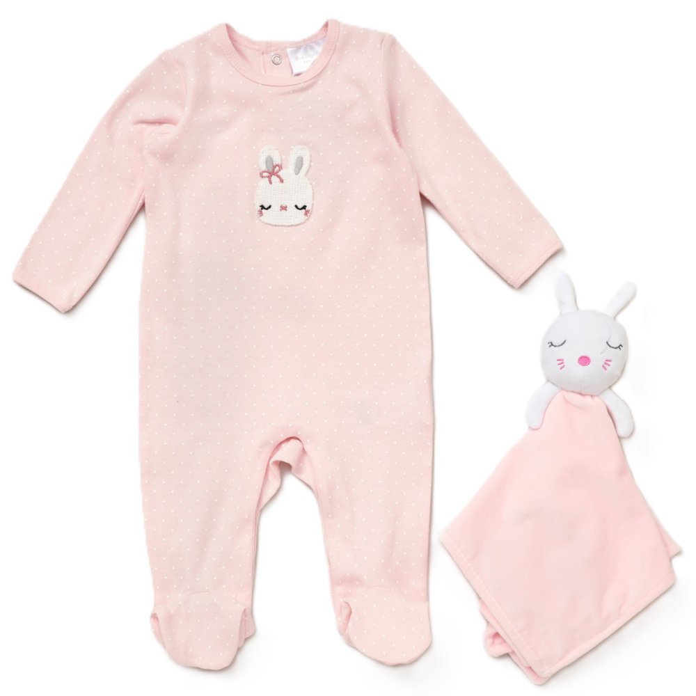 Baby Bunny Crochet Applique All In One & Comforter Set On A Satin Padded Hanger (0-12 Months)