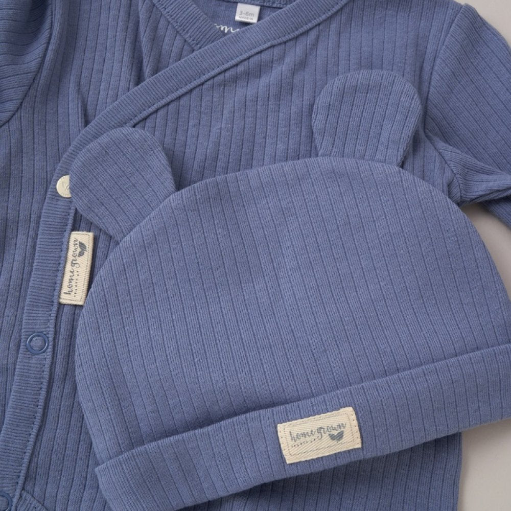 Baby Dusky Blue Organic 3 Piece Ribbed Outfit