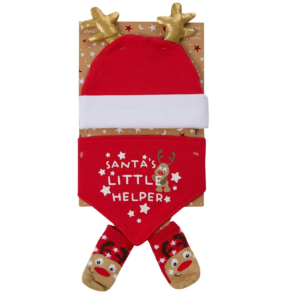 Baby Christmas Reindeer Hat, Bib & Socks Set (0-6 Months)