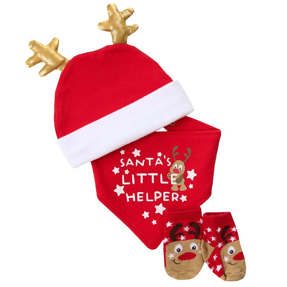 Baby Christmas Reindeer Hat, Bib & Socks Set (0-6 Months)