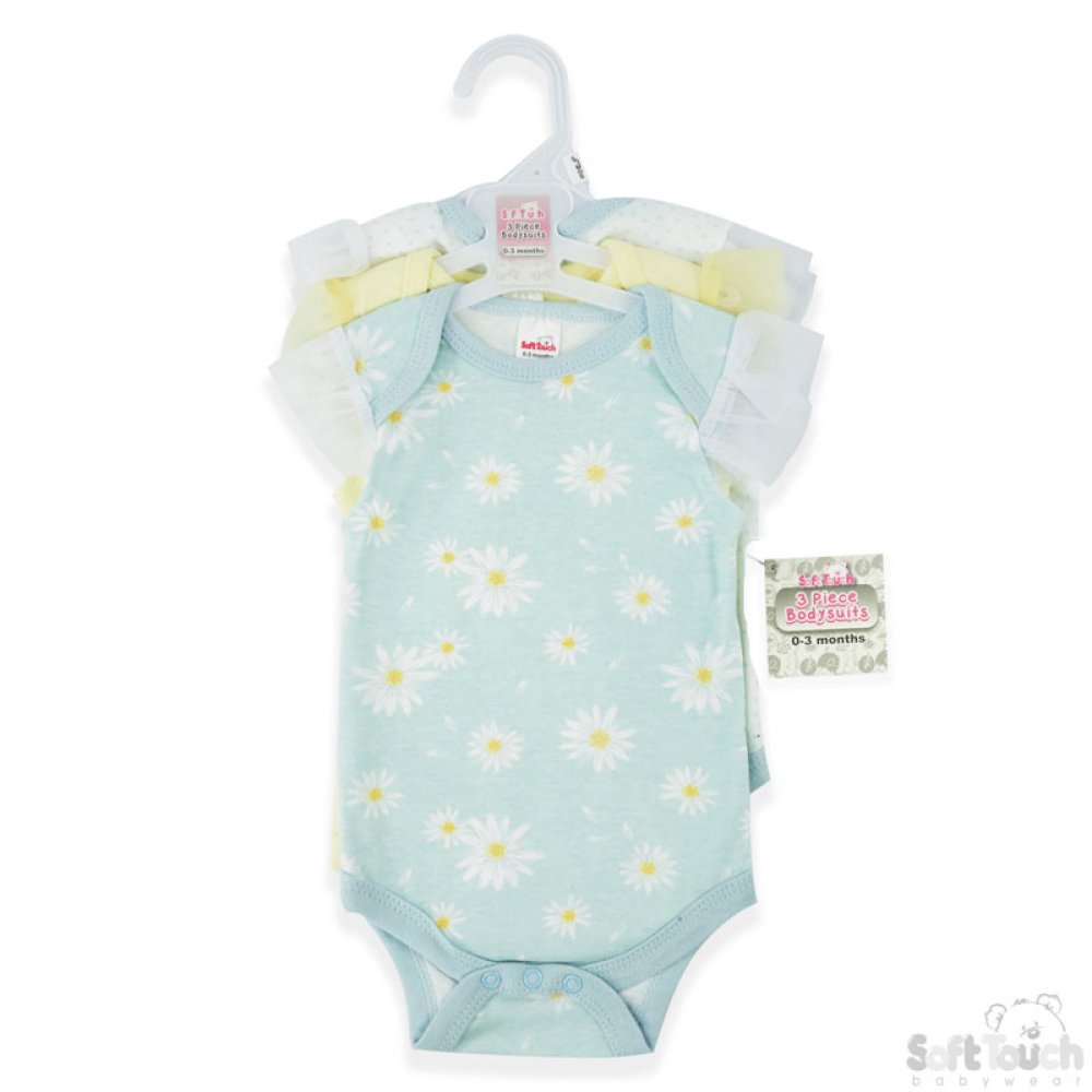 Soft Touch Body Suit 3 Pack - Blue Daisies