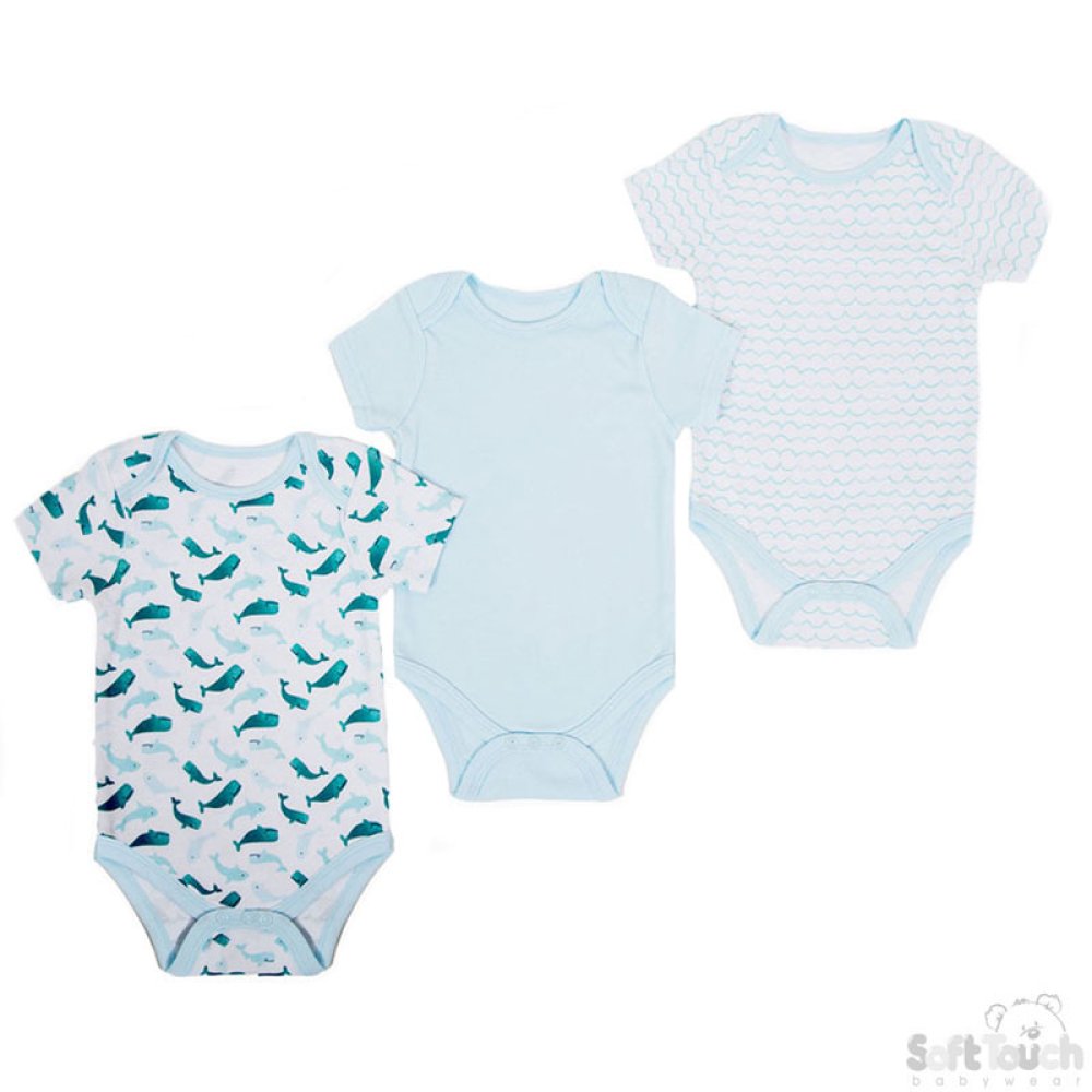 Soft Touch Body Suit 3 Pack - Blue Whales