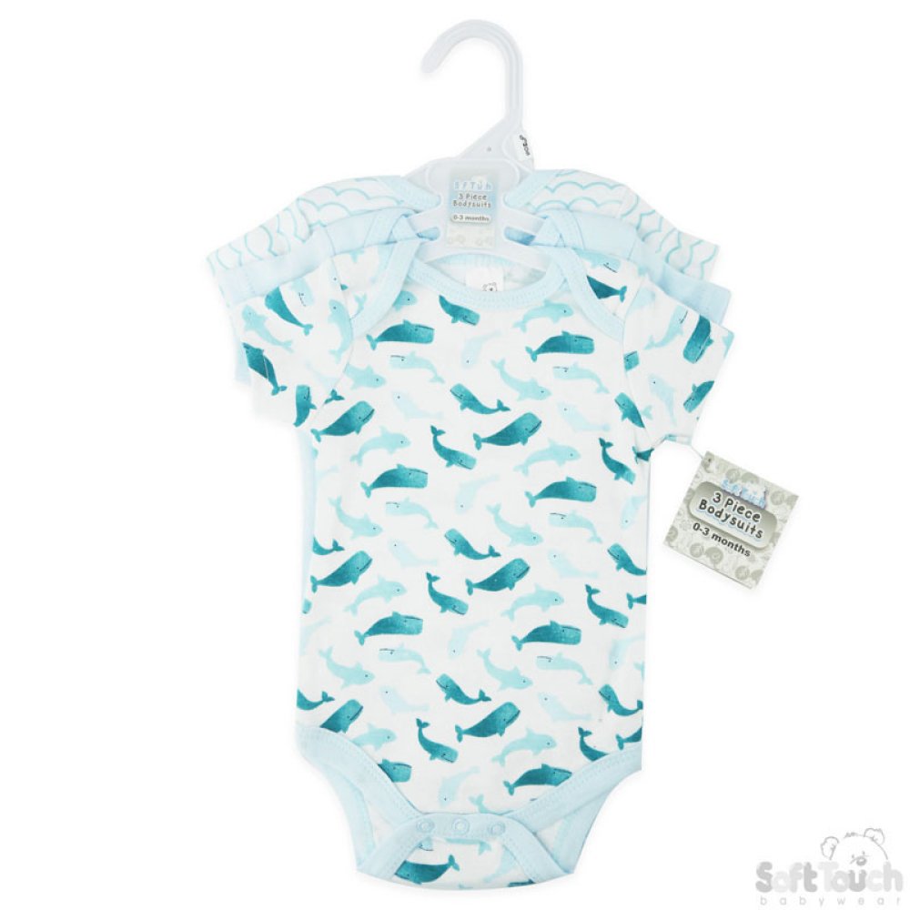 Soft Touch Body Suit 3 Pack - Blue Whales
