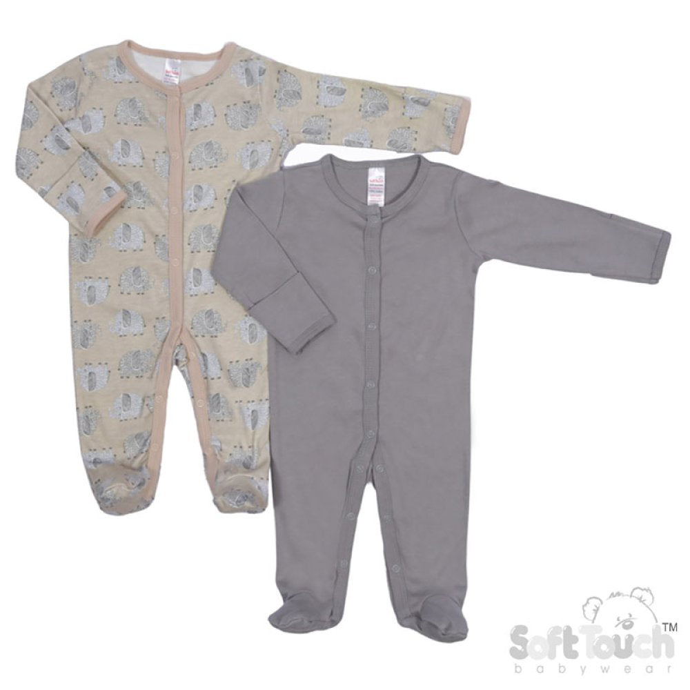 Soft Touch Unisex Sleep Suit 2 pack - Grey / Cream Elephant