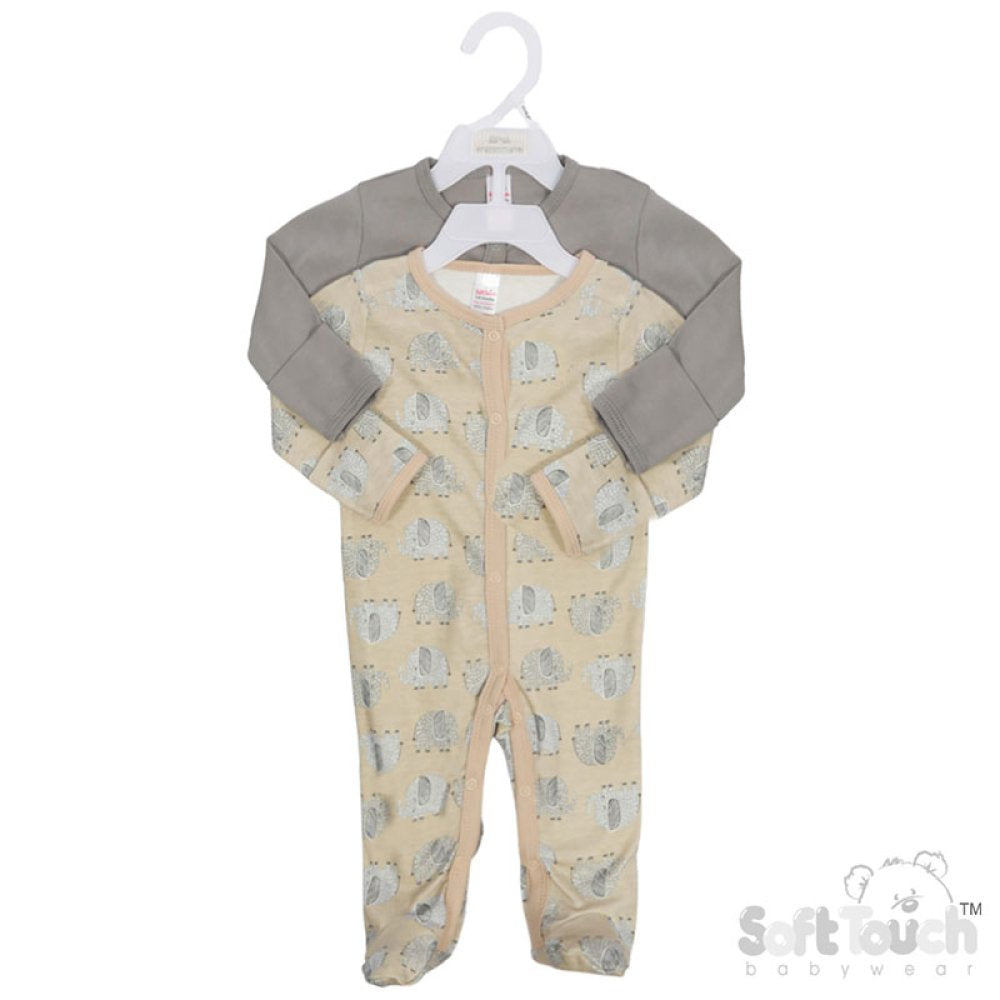 Soft Touch Unisex Sleep Suit 2 pack - Grey / Cream Elephant