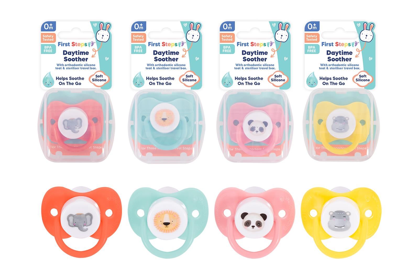 First Steps Soother With Steriliser Box 4 x Assorted Designs