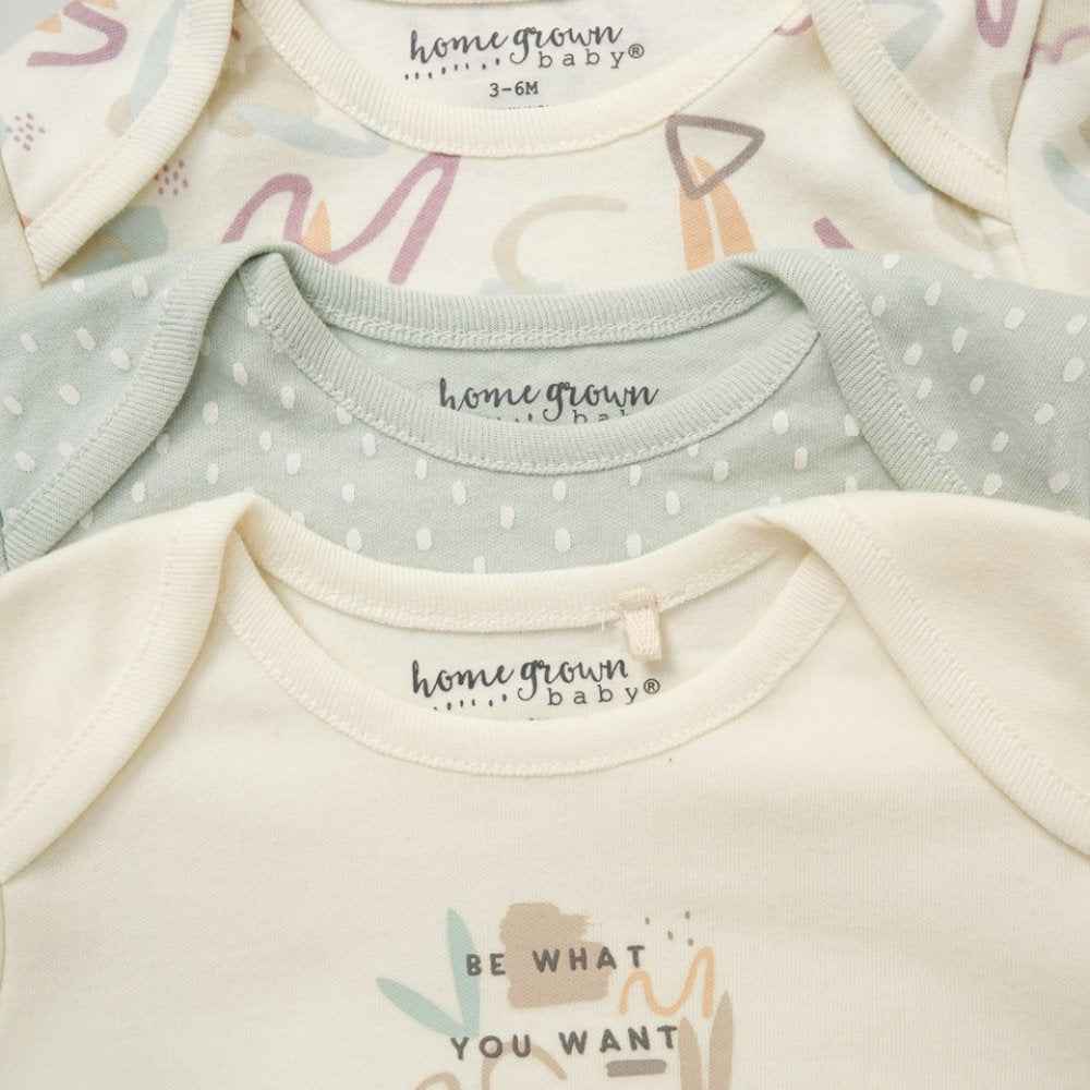 Baby Unisex Organic Cotton 3 Pack Bodysuits With Extendable Gussets (NB-6 Months)