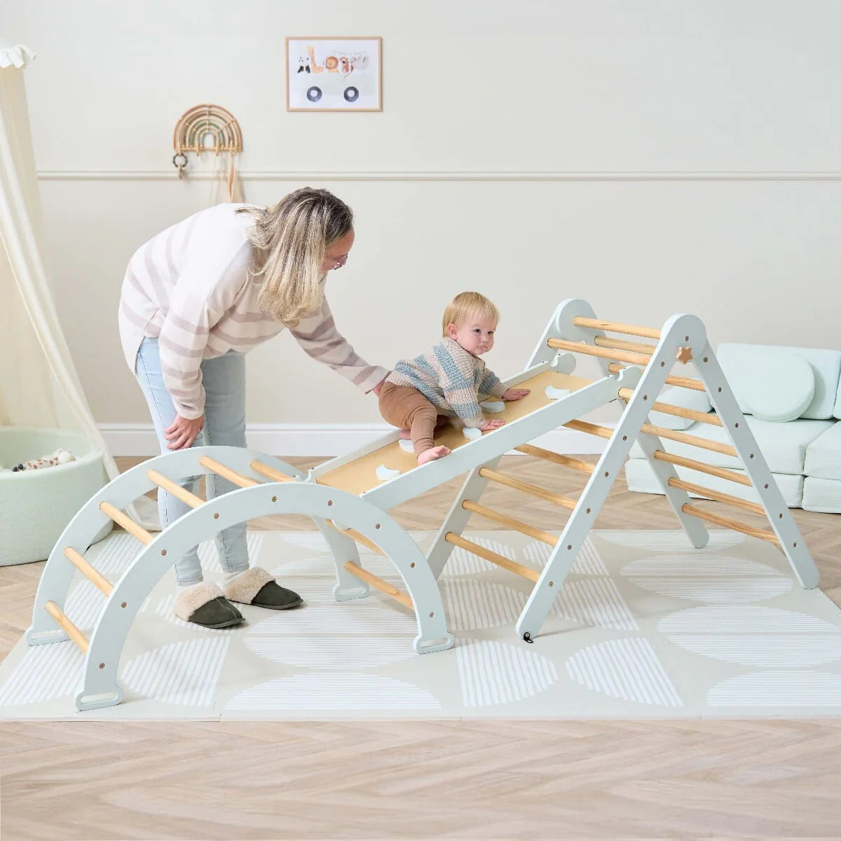 Tutti Bambini Scala Montessori 3 in 1 Pikler Climbing Frame with Climbing Wall - Sea Mist
