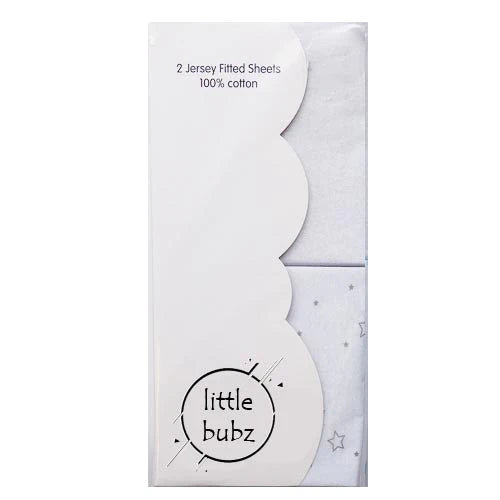 Little Bubz 2 Jersey Fitted Cot Bed sheets 70x145cm - White / Grey Stars